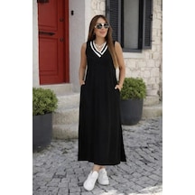 DefyModa Kadın Kolsuz V Ribana Yakalı Cepli Uzun Viskon Iki Iplik Elbise Siyah