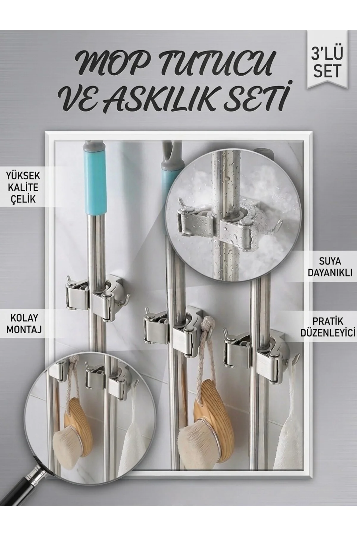 3 Lü Set Çok Amaçlı Mop Askısı Süpürge, Paspas Ve Mop Sap Tutucu, Mutfak & Banyo Duvar Askısı Gri - Beyaz