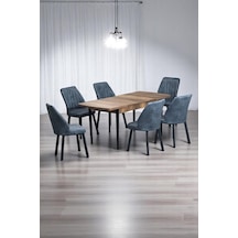 Luna Ceviz 80 x 132 Açılabilen MDF Masa Siyah Metal Ayaklı Mutfak Masası 6 Kot Desen Füme Sandalye