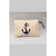 Obidev Tahta Baskı Çapa Desenli Clutch ,portföy Çanta,makyaj Çantası Krem