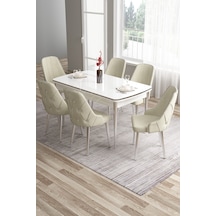 Canisa Tia Serisi 80x132 Açılabilir Mdf Mutfak Masası Takımı Beyaz Masa Krom Detay 6 Krem Sandalye Masa Beyaz Sandalye Krem