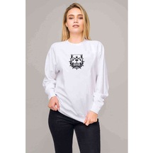 Mascot Logo Pitbull Iki Farklı Baskılı Beyaz Kadın Sweatshirt