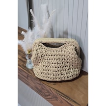 C-bhadu Naturel El Örgüsü Kağıt İp Burslu Clutch Çanta Açık Kahverengi