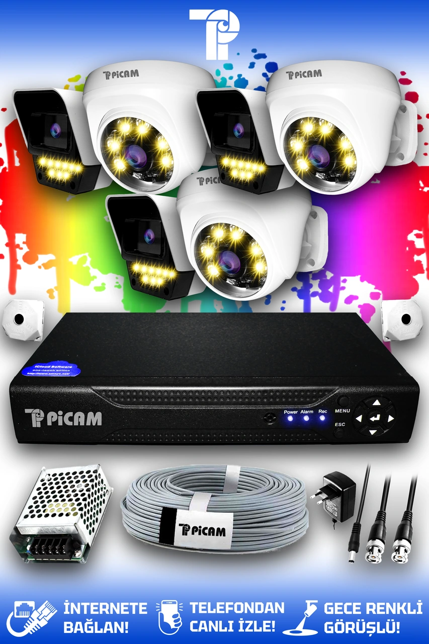 Picam 6 Kameralı Süper 3 İç Kamera Set HDD'siz 5 MP 2K Net Renkli Gece Görüşlü Güvenlik Kamerası Sistemi