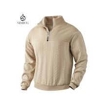 İnce Desenli, Bol Kesimli, Fermuarlı Balıkçı Yaka Kazak Haki