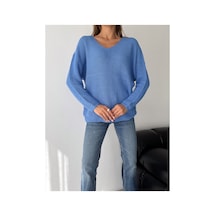 Fiolin Kadın Indigo Mavi V Yaka Selanik Örgü Oversize Triko Kazak İndigo