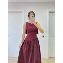 Arkası Kanatlı Uzun Elbise- Bordo Bordo