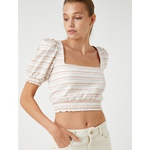 Koton Crop Bluz Beli Lastikli Turuncu Çizgili 2sak60288cw 2SAK60288CW2S0