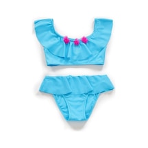 Endeep Kız Çocuk Volanlı Aksesuarlı Mavi Bikini Takımı Mavi