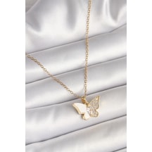 316l Çelik Gold Renk Zincir Zirkon Taşlı Beyaz Mineli Model Kadın Kolye - Özel Seri Bzsurn010135 altın