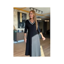 Butik İstanbul Kadın Uzun Kollu V Yakalı Midi Çağla Yeşili Modal Elbise Siyah