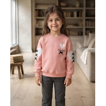 Roya Kız Çocuk Somon Sweatshirt Kalpli Detaylarla