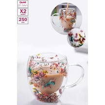 2'li Çift Cidarlı Çiçekli Bardak Kahve Çay 250ml Bardağı El Yapımı Kulplu Borosilikat Cam Bardağı