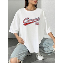 Unisex Beyaz Oversize Cowgril Baskılı Örme T-shirt Beyaz-56606