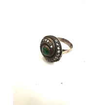 Otantik Bakır Görünümlü Kök Zümrüt Ve Zirkon Taşlı Gümüş Yüzük