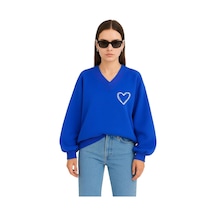 Benroma Kalp Baskılı Ünisex V Yaka Sweatshirt Saks Mavisi