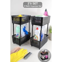 2'li 2 Katlı Tezgah Altı Organizer Raf - Banyo Deterjan Rafı Mutfak Evye Altı Düzenleyici Siyah Siyah