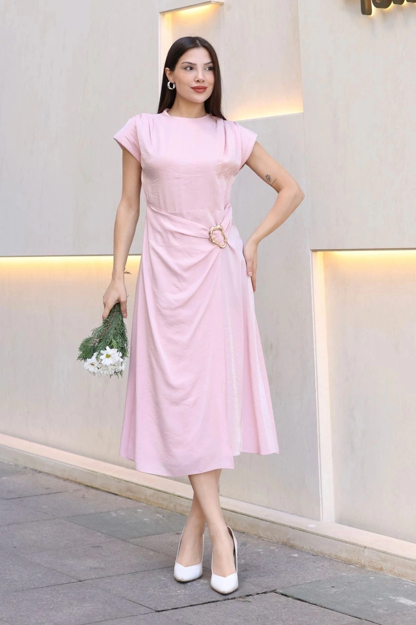 Lodmela Toka Ve Drape Detaylı Soft Saten Midi Elbise 6042-pembe Pembe