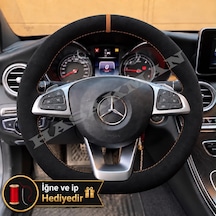 Mercedes W205 Dikme Direksiyon Kılıfı Full Alcantara Süet Taba Yüzük Ve Taba Dikiş 2014-2018 Siyah