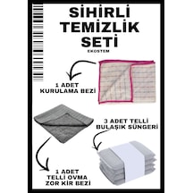 Ekostem Sihirli Temizlik Kurulama Bezi + Telli Ovma Kir Bezi + Telli Bulaşık Süngeri 3'lü