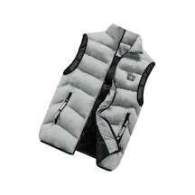 Erkekler Kış Yelek Standı Yaka Kalınlaşmış Yastıklı Yumuşak Rüzgar Geçirmez Sıcak Boyun Koruma Düz Renk Kolsuz Fermuar Kapatma Askı Dekor Cepler Gri