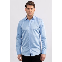 Tudors Modern Slim Fit Düz Saten Erkek Gömlek-23056 Mavi