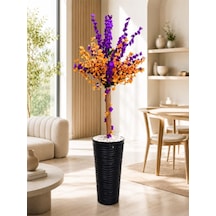 Lüks Yapay Mor Ve Turuncu Çiçekli Dekoratif Sakura Ağacı- 165 Cm Modern Siyah Dalgalı Saksıda Çok Renkli