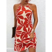 Defymoda Kadın Omuzlardan Acık Halter Yaka Kesimli Kısa Desenli Süprem Elbise Kırmızı
