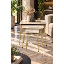 Odera Efes Ekru Mermer Desenli Zigon Sehpa 3'lü Set Siyah- Detaylı Metal Ayaklı Modern Salon Sehpası Diğer