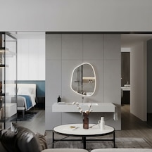 50x68 Cm Modern Asimetrik Banyo Aynası Beyaz Çerçeveli Organik Şekilli Duvar Aynası Beyaz