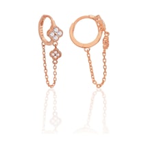 Gümüş Rose Zirkon Taşlı Zincirli Yonca Modeli Halka Küpe Barcode Gold - Rose Gold - Rodyum