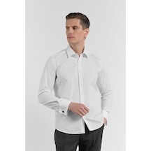 İmza Beyaz Uzun Kol Sert Yaka Düz Pamuklu Slim Fit Gömlek 1004260059