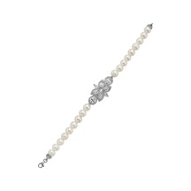 7,5 Mm Yaprak Tasarımlı Zirkon Taşlı Doğal İnci Bileklik 18 Cm / Beyaz Gümüş