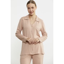 Gömlek Model Nakışlı Pijama Takım - Somon Somon