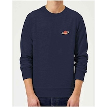 Saturn Göğüs Baskılı Indigo Mavi Erkek Örme Sweatshirt