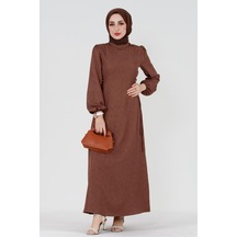 Yanı Bağcıklı Keten Elbise-kahverengi-3365-açık Mavi Açık Mavi