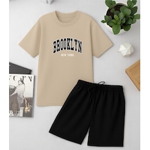 Uyguntarz Unisex Brooklyn Baskılı Tasarım Şort Takım Bej