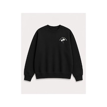 Herkesemoda Papatya Baskı Detaylı Bisiklet Yaka Şardonlu 2 İplik Sweatshirt Siyah