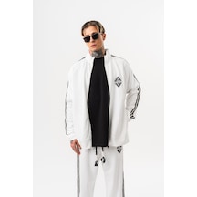 Respire Erkek Şerit Detaylı Dik Yaka Doubleface Zip Oversize Sweatshirt Ekru