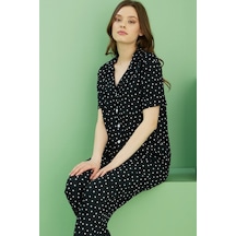 Siyah İnci Bürümcük Krınkıl Kumaş Örme Düğmeli Pijama Takım25118556 Çok Renkli