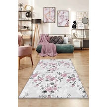 Pembe Çiçekli Kaymaz Tabanlı Makinede Yıkanabilir Halı Bh007n11