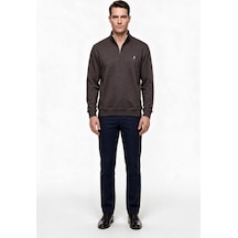 Legato Erkek Dik Yaka Yarım Fermuarlı Pamuk Karışımlı Uzun Kollu Sweatshirt Kahve
