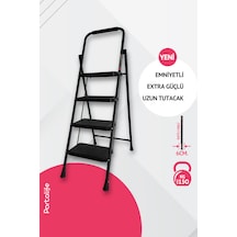Portalife 4 Basamaklı Uzun Tutacaklı Şık Siyah Çelik Merdiven 150 Cm'ye Kadar