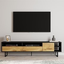 Luga Kapaklı Tv Ünitesi, Tv Sehpası - Metal Siyah Ayak - Gri/traverten - Siyah/kilim Siyah/kilim