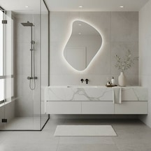 70x90 Cm Asimetrik Led Banyo Aynası Dokunmatik, Dim Edilebilir, 6500k Beyaz Işık Modern Duvar Aynası Beyaz
