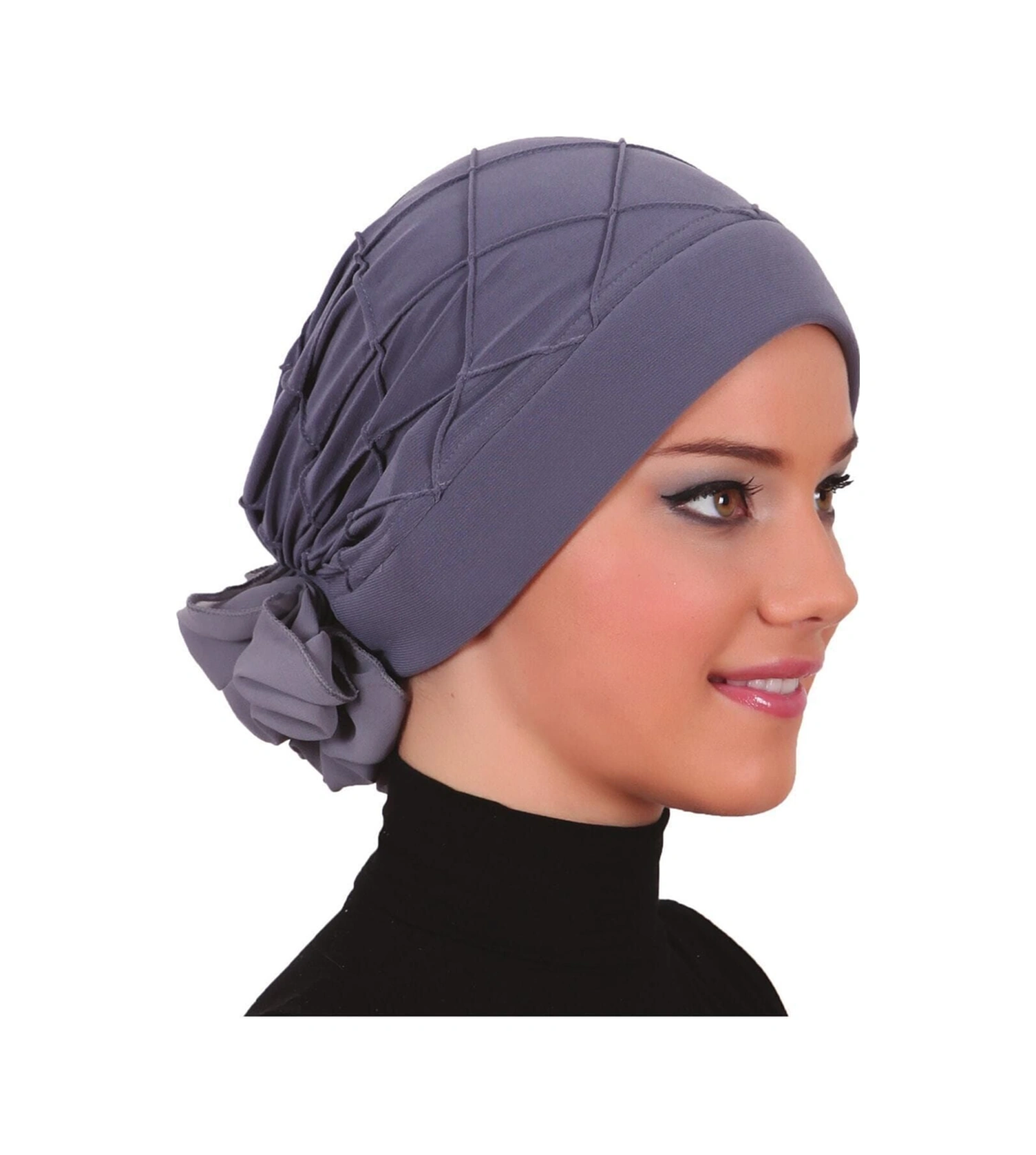 Lüks Nervürlü Arkası Şifon Aksesuarı Koyu Gri Hazır Türban Tesettür Bone Koyu Gri