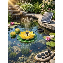 Güneş Enerjili Sarı Lotus Çiçekli Solar Fıskiye - Dekoratif Bahçe Süs Havuzu - Havuz Süsü