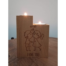Aşk Motifli Dekoratif Ahşap İkili Mumluk ve Hediye İki Adet Mum
