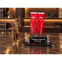 Kişiye Özel 3 Lü Kristal Masa Seti Türk Bayraklı, Adalet Heykelli, Kalemlikli İsimlik Gold - Siyah