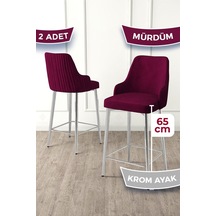 Canisa Tera Serisi 2 Adet Babyface Kumaş 65 Cm Krom Kaplama Ayaklı Mürdüm Bar Sandalyesi Mürdüm Sandalye Krom Kaplama Ayak